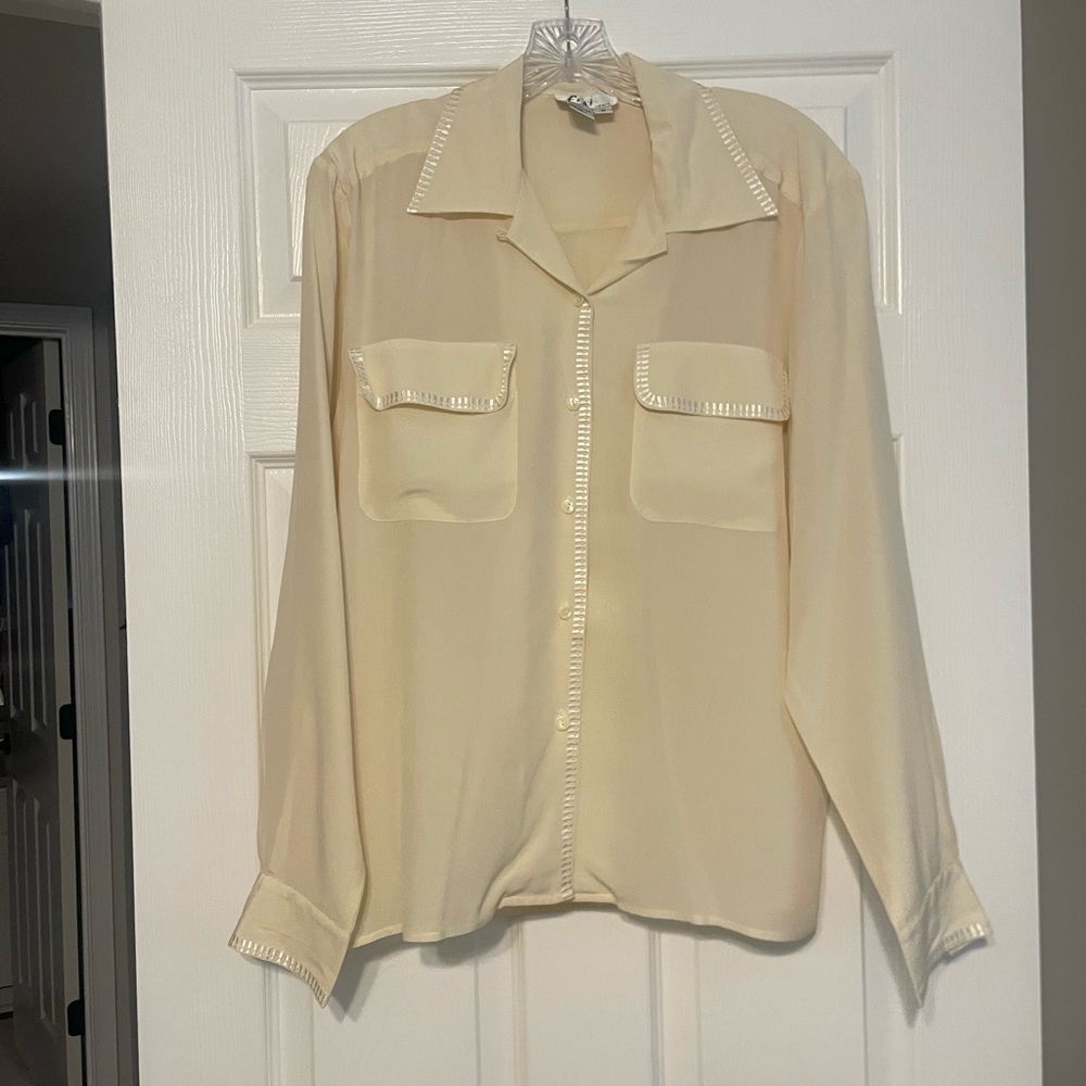 Vintage Fisi Sport 100% Silk Blouse | Cream Satin Trim Western Style | Size M